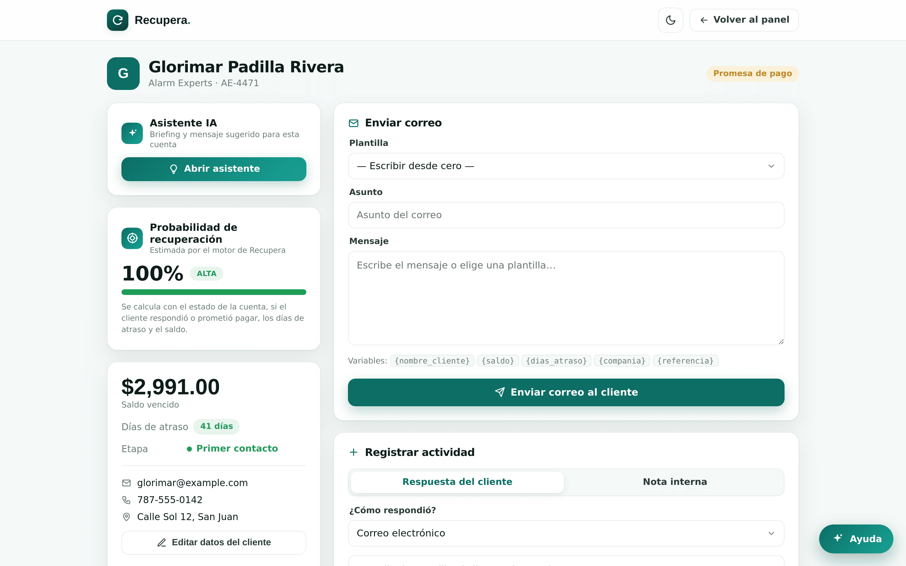 Expediente de un cliente con saldo, probabilidad de recuperación e historial