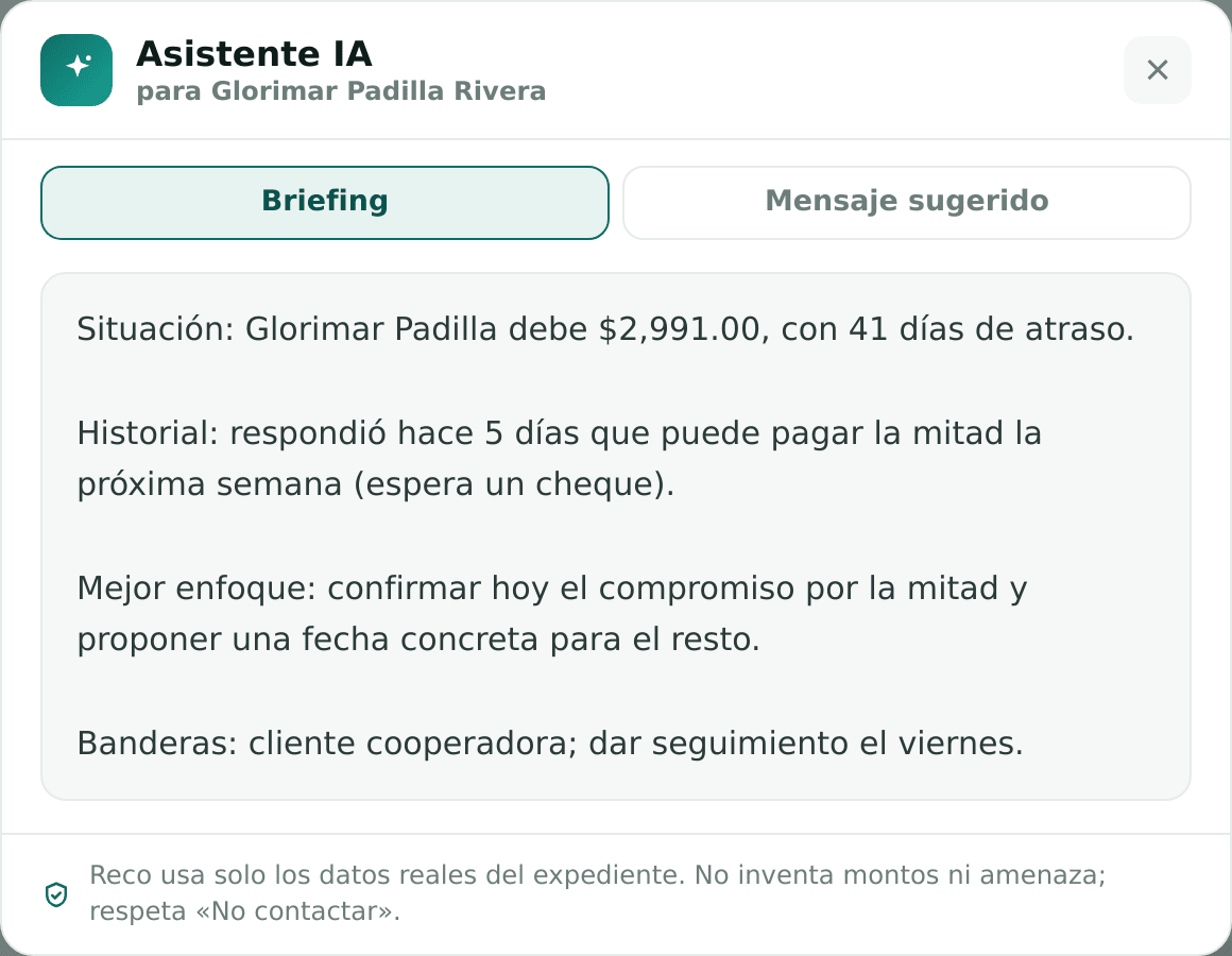 Reco generando un briefing de la cuenta con inteligencia artificial